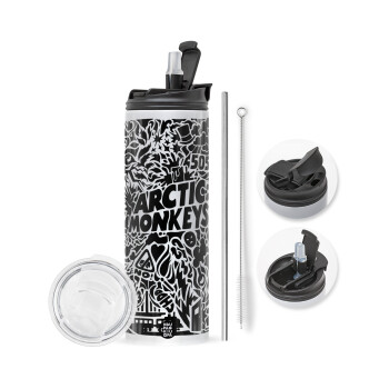 Arctic Monkeys, Travel Tumbler θερμό με διπλό καπάκι, μεταλλικό καλαμάκι και βούρτσα καθαρισμού (Ανωξείδωτο 304 Food grade, BPA free, 600ml)