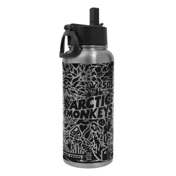 Arctic Monkeys, Metal mug thermo Silver with Straw and Spout Lid (Stainless steel), double wall, 950ml