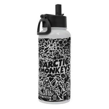 Arctic Monkeys, Metal mug thermo White with Straw and Spout Lid (Stainless steel), double wall, 950ml