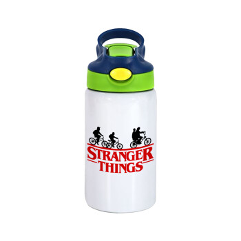 Stranger Things red, Children's hot water bottle, stainless steel, with safety straw, green, blue (350ml)