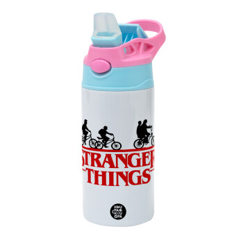 Stranger Things red, Children's hot water bottle, stainless steel, with safety straw, Pink/BlueCiel (360ml) BPA FREE