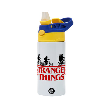 Stranger Things red, Children's hot water bottle, stainless steel, with safety straw, green, blue (360ml) BPA FREE