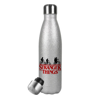 Stranger Things red, Μεταλλικό παγούρι θερμός Glitter Aσημένιο (Stainless steel), διπλού τοιχώματος, 500ml