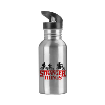 Stranger Things red, Water bottle Silver with straw, stainless steel 600ml