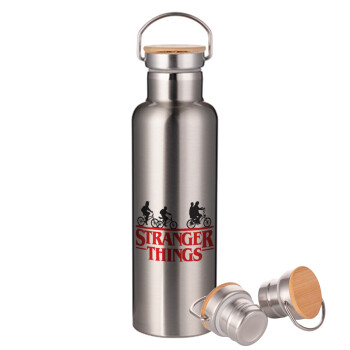Stranger Things red, Stainless steel Silver with wooden lid (bamboo), double wall, 750ml