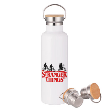 Stranger Things red, Stainless steel White with wooden lid (bamboo), double wall, 750ml
