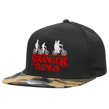 Stranger Things red, Adult Flat Snapback Hat Black/Camouflage, (100% COTTON TWILL, ADULT, UNISEX, ONE SIZE)