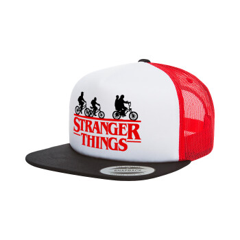 Stranger Things red, Adult Foam Flat Snapback with Mesh Black-White-Red (POLYESTER, ADULT, UNISEX, ONE SIZE)