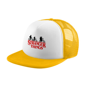 Stranger Things red, Adult Soft Trucker Hat with Yellow/White Mesh (POLYESTER, ADULT, UNISEX, ONE SIZE)