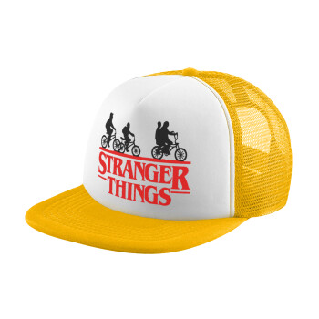 Stranger Things red, Adult Soft Trucker Hat with Yellow/White Mesh (POLYESTER, ADULT, UNISEX, ONE SIZE)