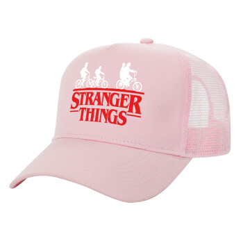 Stranger Things red, Structured Trucker Children's Hat, with Mesh, PINK (100% COTTON, CHILDREN'S, UNISEX, ONE SIZE)