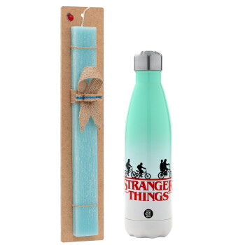 Stranger Things red, Easter Set, Metallic green/white thermos (Stainless steel), double-walled, 500ml & scented flat Easter candle (30cm) (TURQUOISE)