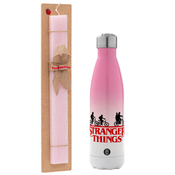 Stranger Things red, Easter Set, Metallic pink/white (Stainless steel) thermos, double-walled, 500ml & aromatic flat Easter candle (30cm) (PINK)