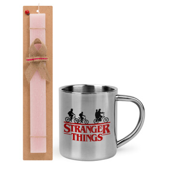 Stranger Things red, Πασχαλινό Σετ, μεταλλική κούπα θερμό (300ml) & πασχαλινή λαμπάδα αρωματική πλακέ (30cm) (ΡΟΖ)