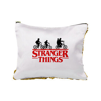 Stranger Things red, Sequin Gold Pouch Cosmetic Bag