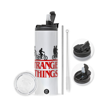 Stranger Things red, Travel Tumbler θερμό με διπλό καπάκι, μεταλλικό καλαμάκι και βούρτσα καθαρισμού (Ανωξείδωτο 304 Food grade, BPA free, 600ml)