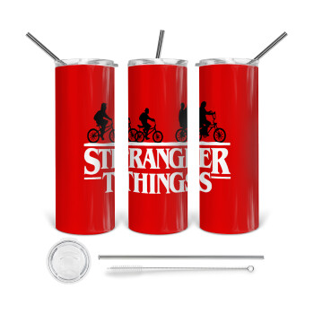 Stranger Things red, Tumbler ποτήρι θερμό από ανοξείδωτο ατσάλι 600ml, με μεταλλικό καλαμάκι & βούρτσα καθαρισμού