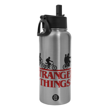 Stranger Things red, Metal mug thermo Silver with Straw and Spout Lid (Stainless steel), double wall, 950ml