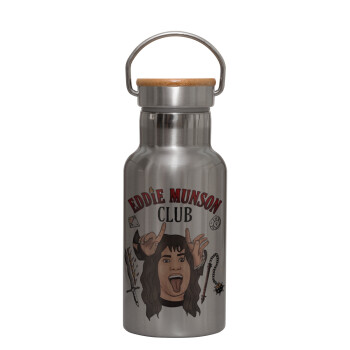 Eddie Munson, Hellfire CLub, Stranger Things, Stainless steel metallic thermos flask, silver with a bamboo lid, double-walled, 350ml.