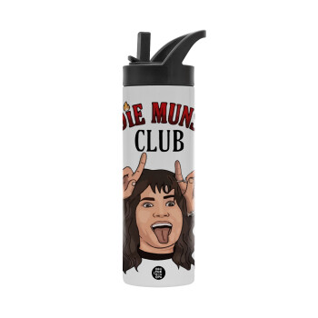 Eddie Munson, Hellfire CLub, Stranger Things, Metallic thermos bottle with straw & handle, stainless steel (Stainless steel 304), double-walled, 600ml.