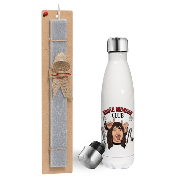 Eddie Munson, Hellfire CLub, Stranger Things, Easter candle, metallic white thermos bottle (500ml) & aromatic flat candle (30cm) (GRAY)