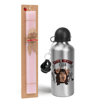 Eddie Munson, Hellfire CLub, Stranger Things, Easter Set, metallic Silver aluminum water bottle (500ml) & scented flat Easter candle (30cm) (PINK)