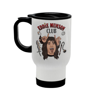 Eddie Munson, Hellfire CLub, Stranger Things, Stainless steel travel mug with lid, double wall white 450ml
