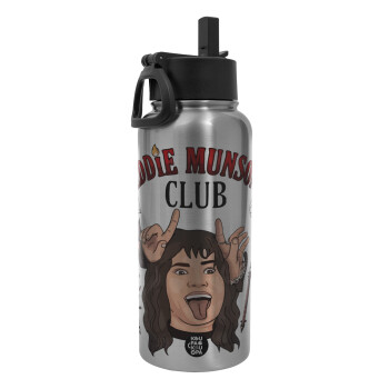 Eddie Munson, Hellfire CLub, Stranger Things, Metal mug thermo Silver with Straw and Spout Lid (Stainless steel), double wall, 950ml