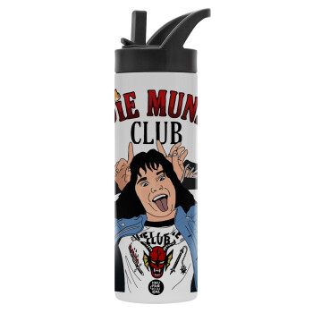 Eddie Munson, Metallic thermos bottle with straw & handle, stainless steel (Stainless steel 304), double-walled, 600ml.