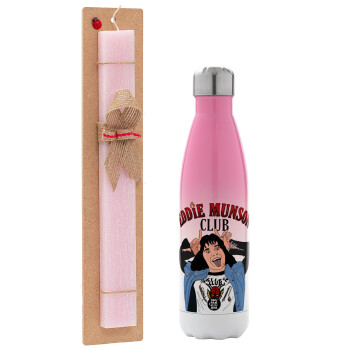 Eddie Munson, Easter Set, Metallic pink/white (Stainless steel) thermos, double-walled, 500ml & aromatic flat Easter candle (30cm) (PINK)