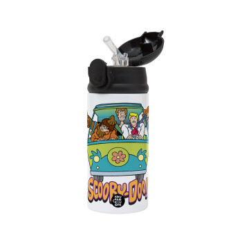 Scooby Doo car, Children's hot water bottle, stainless steel, with safety straw, Black (360ml) BPA-FREE