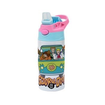 Scooby Doo car, Children's hot water bottle, stainless steel, with safety straw, Pink/BlueCiel (360ml) BPA FREE