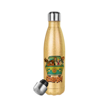 Scooby Doo car, Glitter gold stainless steel thermos bottle, double-walled, 500ml