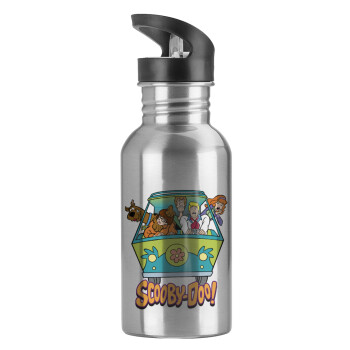 Scooby Doo car, Water bottle Silver with straw, stainless steel 600ml
