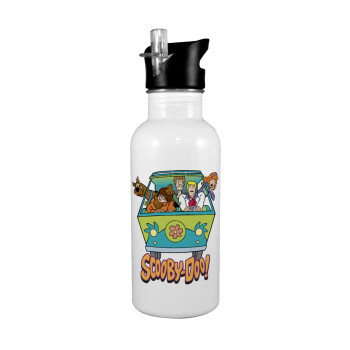 Scooby Doo car, White water bottle with straw, stainless steel 600ml
