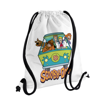 Scooby Doo car, Τσάντα πλάτης πουγκί GYMBAG λευκή, με τσέπη (40x48cm) & χονδρά κορδόνια