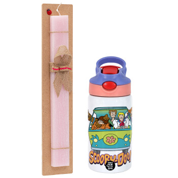 Scooby Doo car, Easter Set, Children's thermal stainless steel water bottle with safety straw, pink/purple (350ml) & Easter scented flat candle (30cm) (PINK)