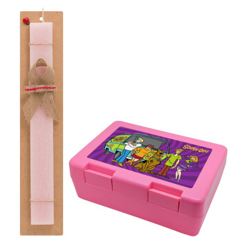 Scooby Doo car, Easter Set, children's snack container PINK & scented flat Easter candle (30cm) (PINK)