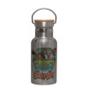 Stainless steel metallic thermos flask, silver with a bamboo lid, double-walled, 350ml.