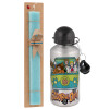 Easter Set, metallic silver aluminum water bottle (500ml) & scented flat Easter candle (30cm) (TURQUOISE)