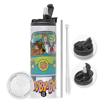 Scooby Doo car, Travel Tumbler θερμό με διπλό καπάκι, μεταλλικό καλαμάκι και βούρτσα καθαρισμού (Ανωξείδωτο 304 Food grade, BPA free, 600ml)