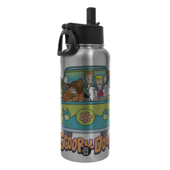 Scooby Doo car, Metal mug thermo Silver with Straw and Spout Lid (Stainless steel), double wall, 950ml