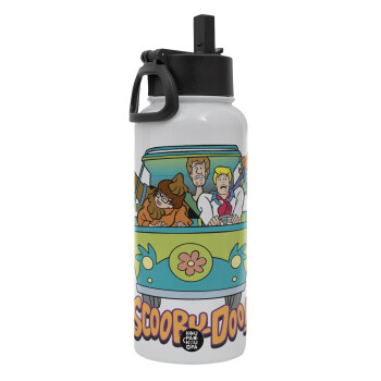 Scooby Doo car, Metal mug thermo White with Straw and Spout Lid (Stainless steel), double wall, 950ml