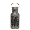 Stainless steel metallic thermos flask, silver with a bamboo lid, double-walled, 350ml.