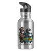 Water bottle Silver with straw, stainless steel 600ml