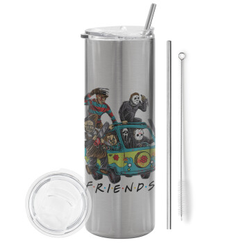 Halloween Friends Scooby Doo, Eco friendly ποτήρι θερμό Ασημένιο (tumbler) από ανοξείδωτο ατσάλι 600ml, με μεταλλικό καλαμάκι & βούρτσα καθαρισμού