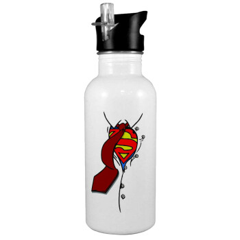 SuperDad, White water bottle with straw, stainless steel 600ml