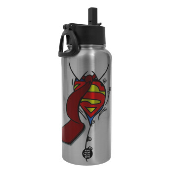 SuperDad, Metal mug thermo Silver with Straw and Spout Lid (Stainless steel), double wall, 950ml