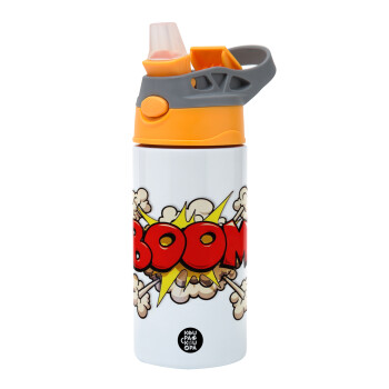 BOOM!!!, Children's hot water bottle, stainless steel, with safety straw, Orange/Grey (360ml) BPA-FREE