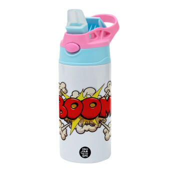 BOOM!!!, Children's hot water bottle, stainless steel, with safety straw, Pink/BlueCiel (360ml) BPA FREE